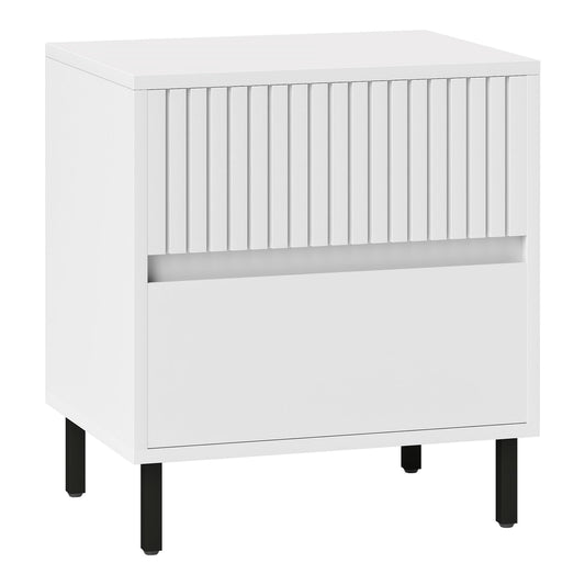 HOMCOM Simple Line Indented Two-Drawer Bedside Table in white with black legs on a plain background