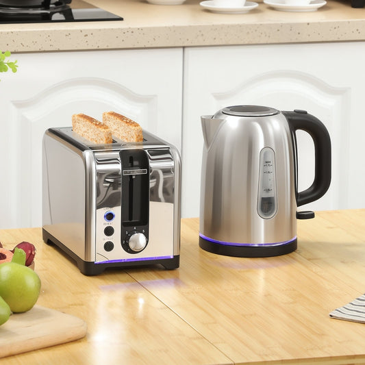 The polished toaster and kettle set on a wooden kitchen counter with toast in the toaster