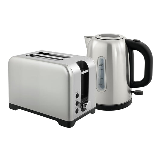 HOMCOM Simple Polished Toaster and Kettle Set, a shiny silver toaster and kettle on a white background