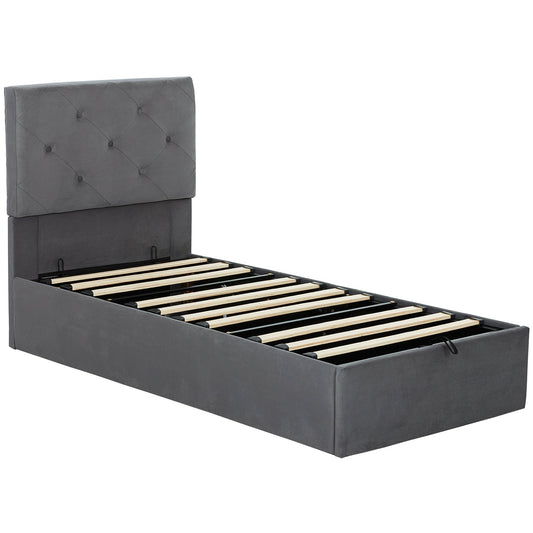 HOMCOM Single Bed Frame upholstered in grey with a tufted headboard and side lift storage