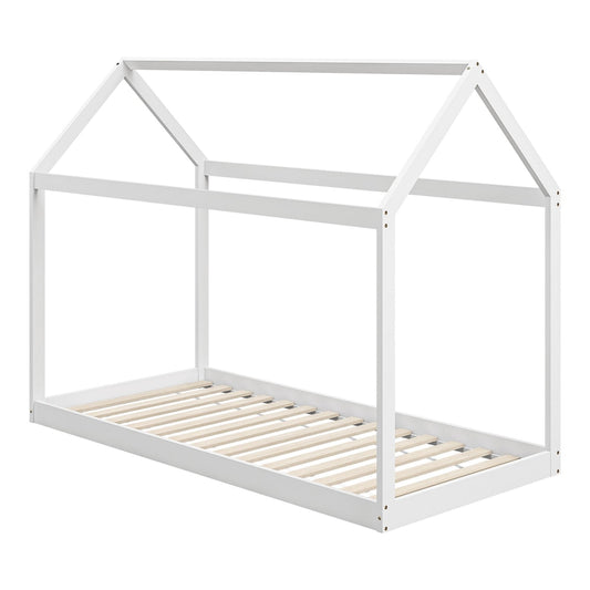 HOMCOM Single Bed Frame, a white wooden house shaped bed frame with a slatted base