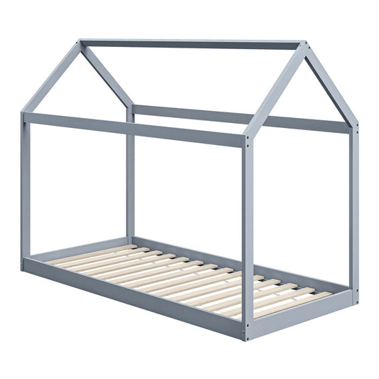 HOMCOM Single Bed Frame in grey, a house-shaped wooden bed frame with a slatted base