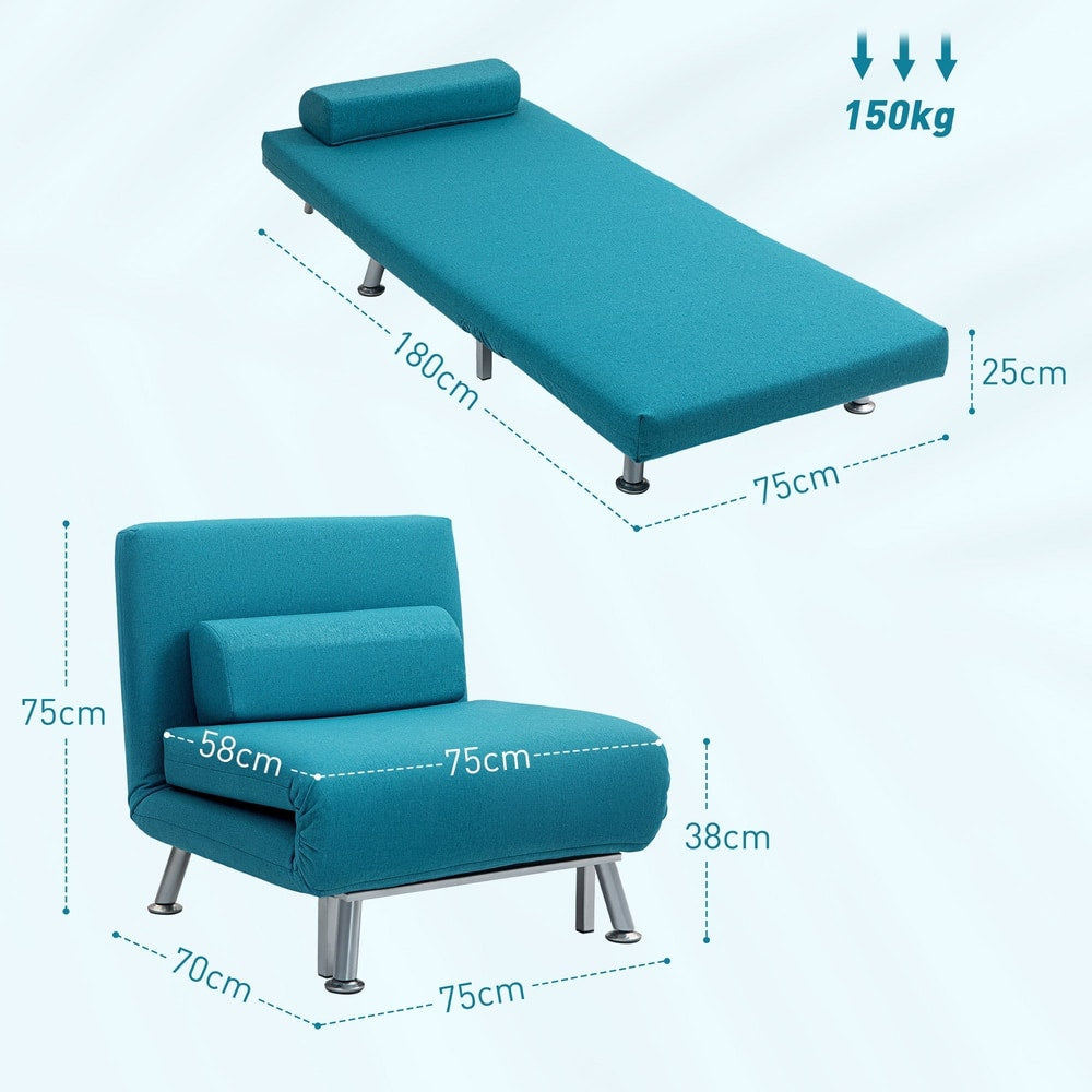 Diagram showing the dimensions of the dark blue sleeper chair when folded and unfolded