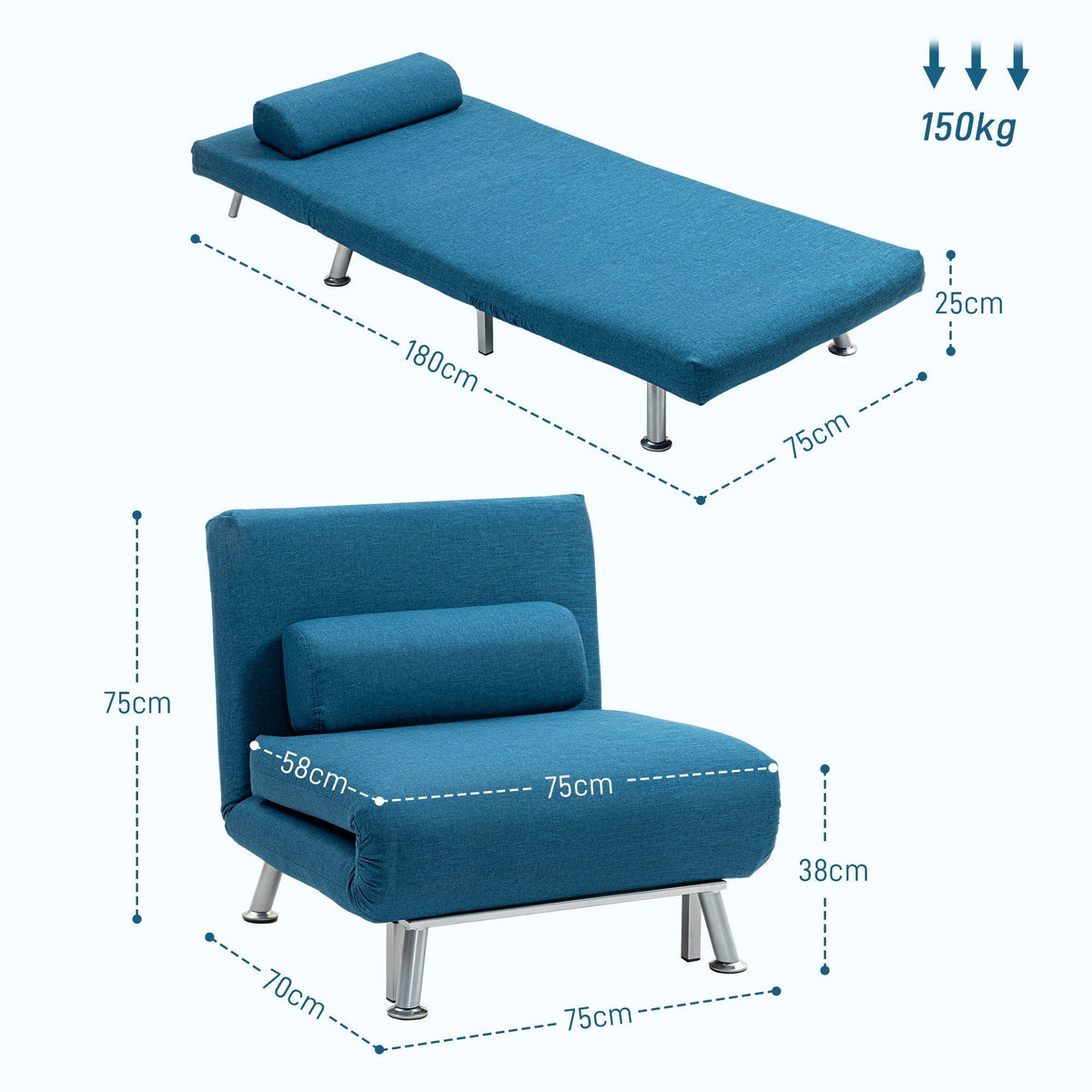 The sofa shown in both chair and bed positions with various dimensions labelled