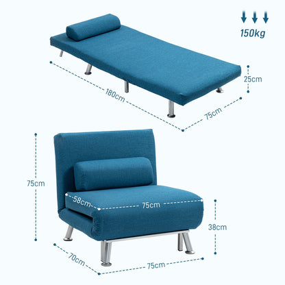 The sofa shown in both chair and bed positions with various dimensions labelled