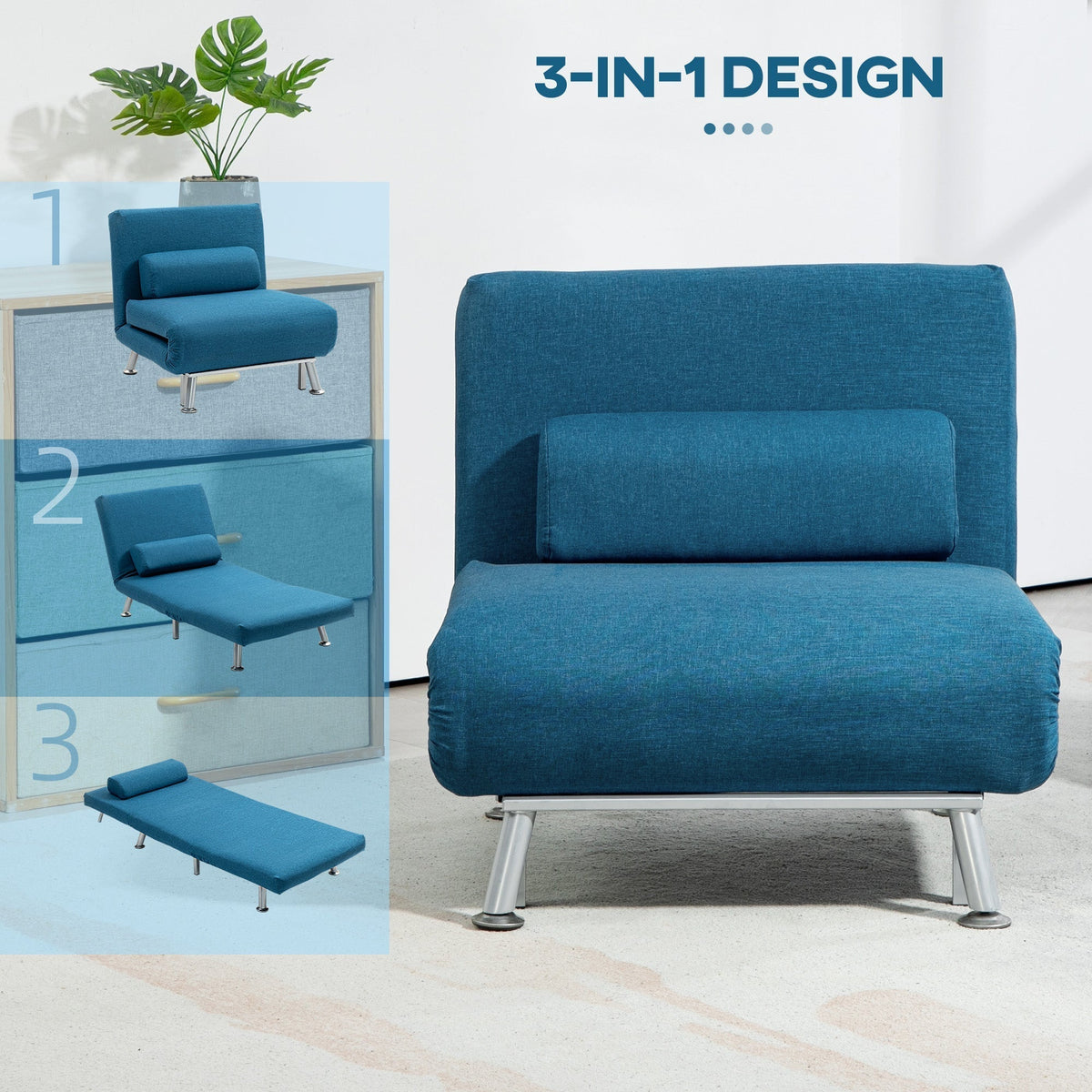 the blue sleeper chair shown in three distinct positions with a small inset graphic