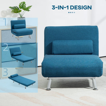the blue sleeper chair shown in three distinct positions with a small inset graphic