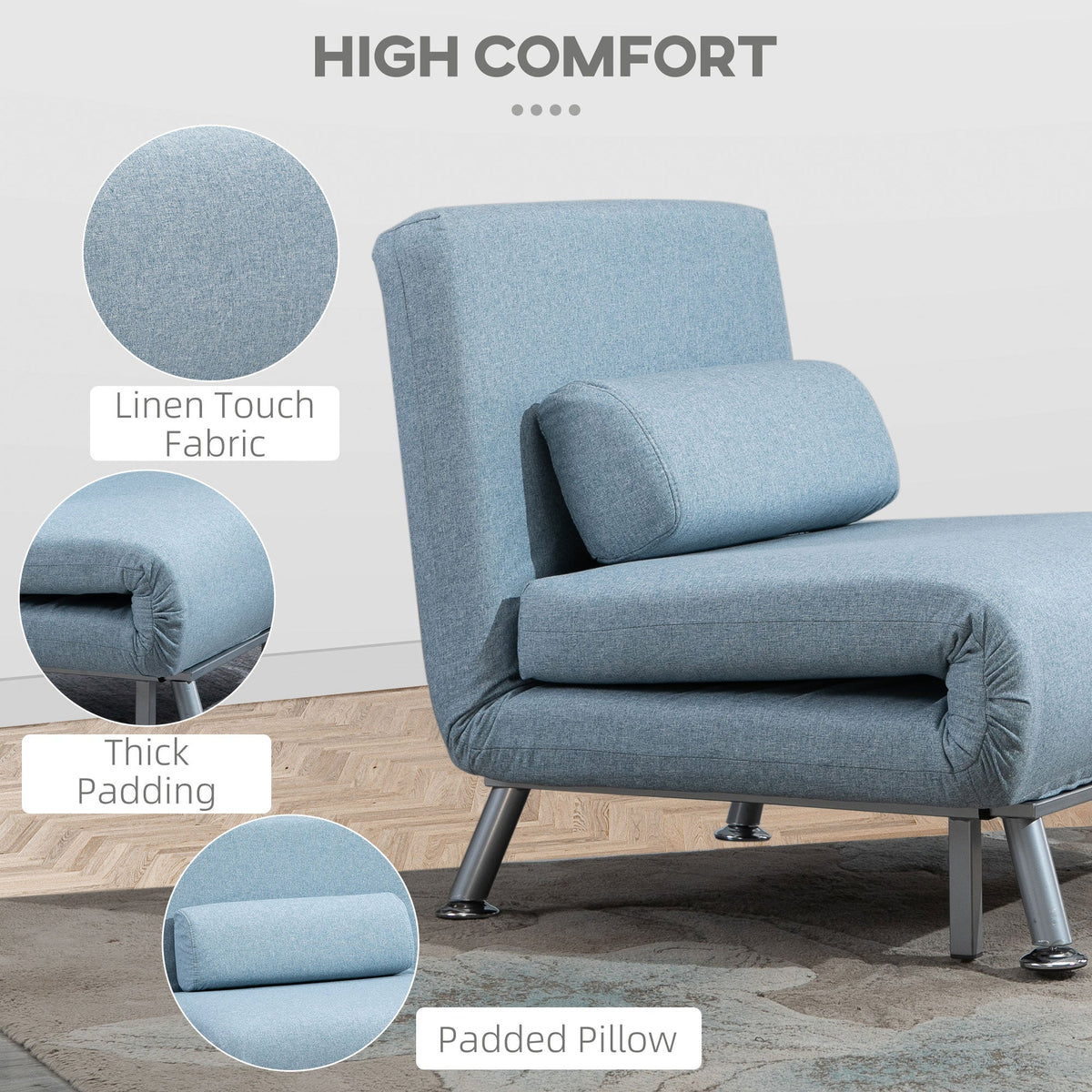 Close up details of the linen fabric texture and padding on the sleeper chair