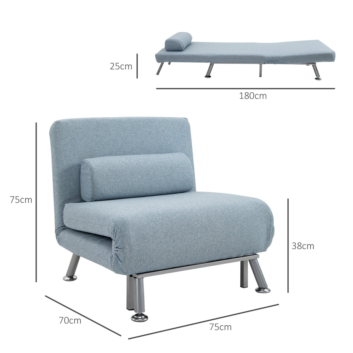 The convertible sleeper chair shown in both upright and flat positions with dimensions