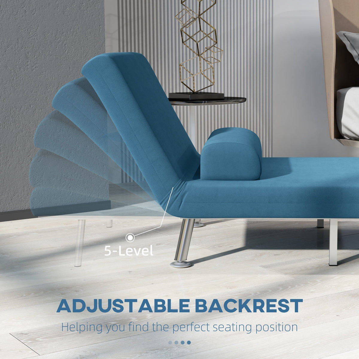 Close-up of the blue velvet-feel sleeper chair's adjustable backrest