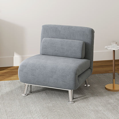Grey velvet-feel sleeper chair in a living room setting, showing its comfortable design