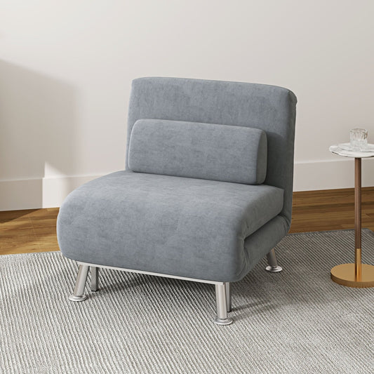 Grey velvet-feel sleeper chair in a living room setting, showing its comfortable design