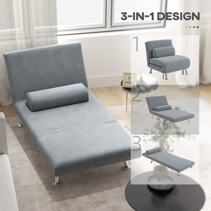 Collage showing the grey velvet-feel sleeper chair in three different configurations: chair, lounger, and bed