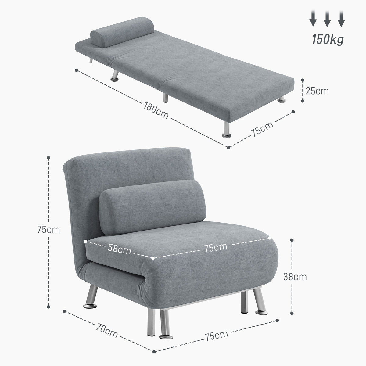 Dimensions diagram for the grey velvet-feel sleeper chair, showing it as a sofa and a bed