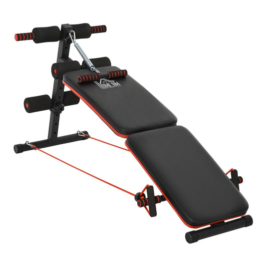 HOMCOM Sit Up Bench with black padded seat and red resistance ropes on a white background