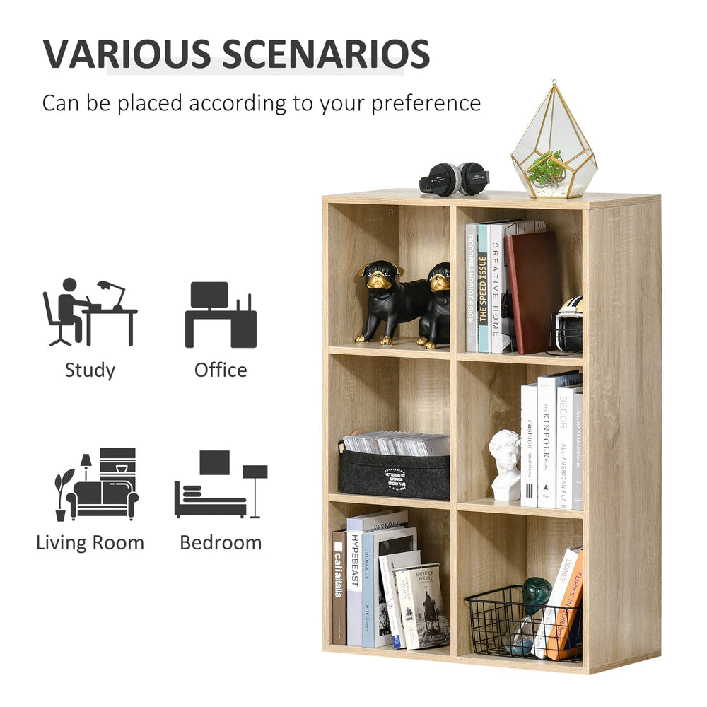Six-cube bookcase shown in various room settings like study, office, living room and bedroom