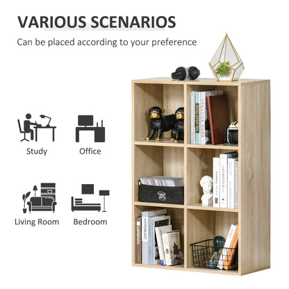 Six-cube bookcase shown in various room settings like study, office, living room and bedroom