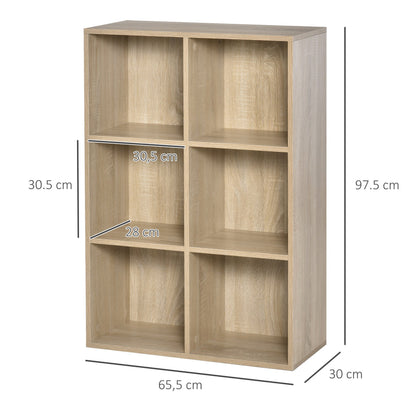 Six-cube bookcase with dimensions shown for height, width and depth