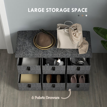 The six drawers of the shoe storage bench are open showing storage space