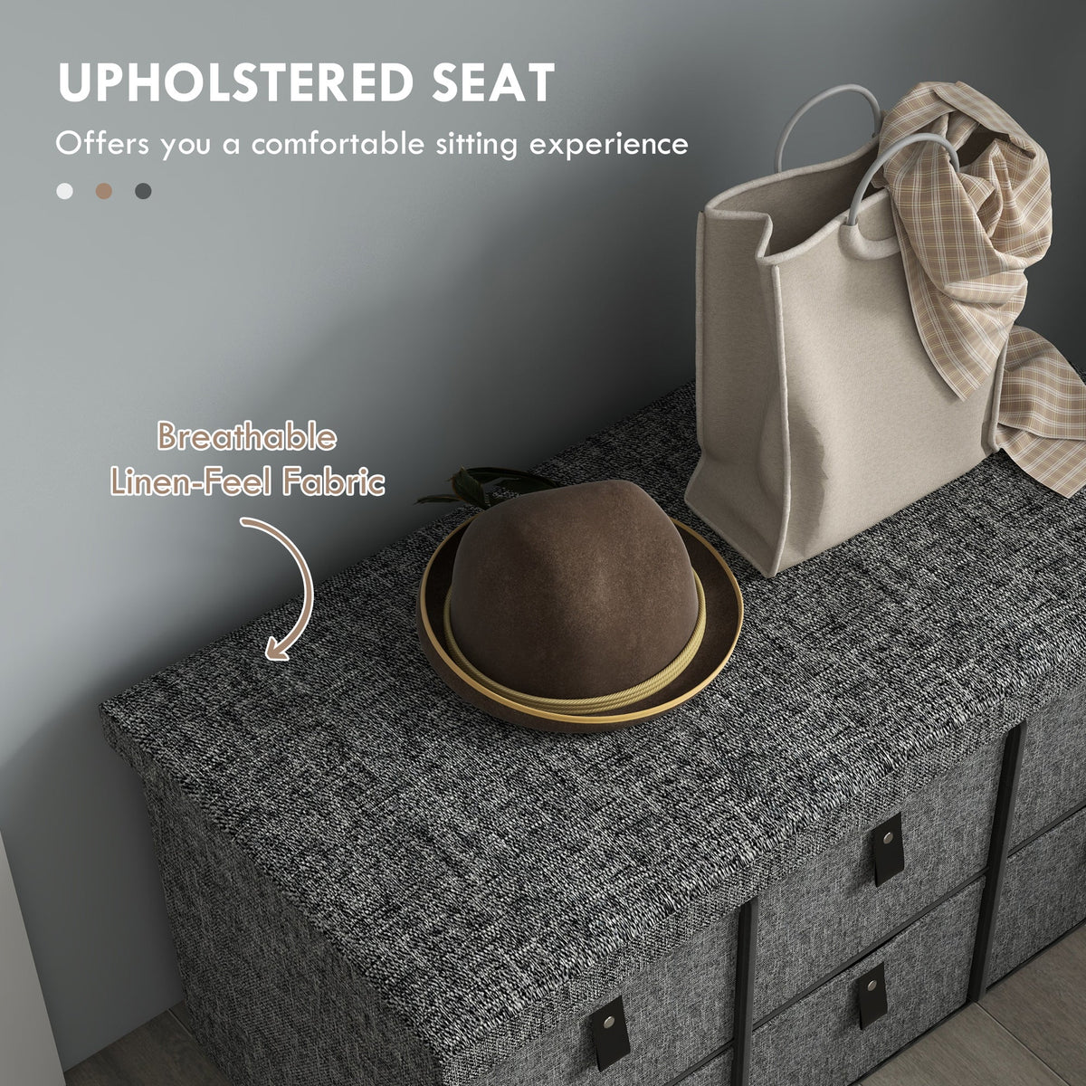 Close up of the padded seat on the shoe storage bench