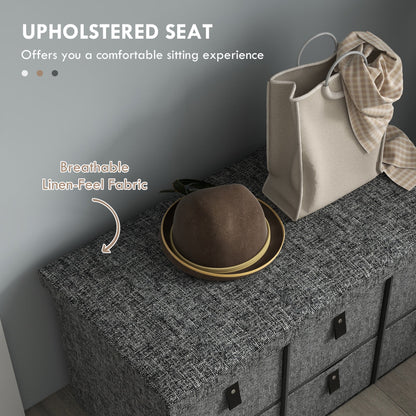 Close up of the padded seat on the shoe storage bench