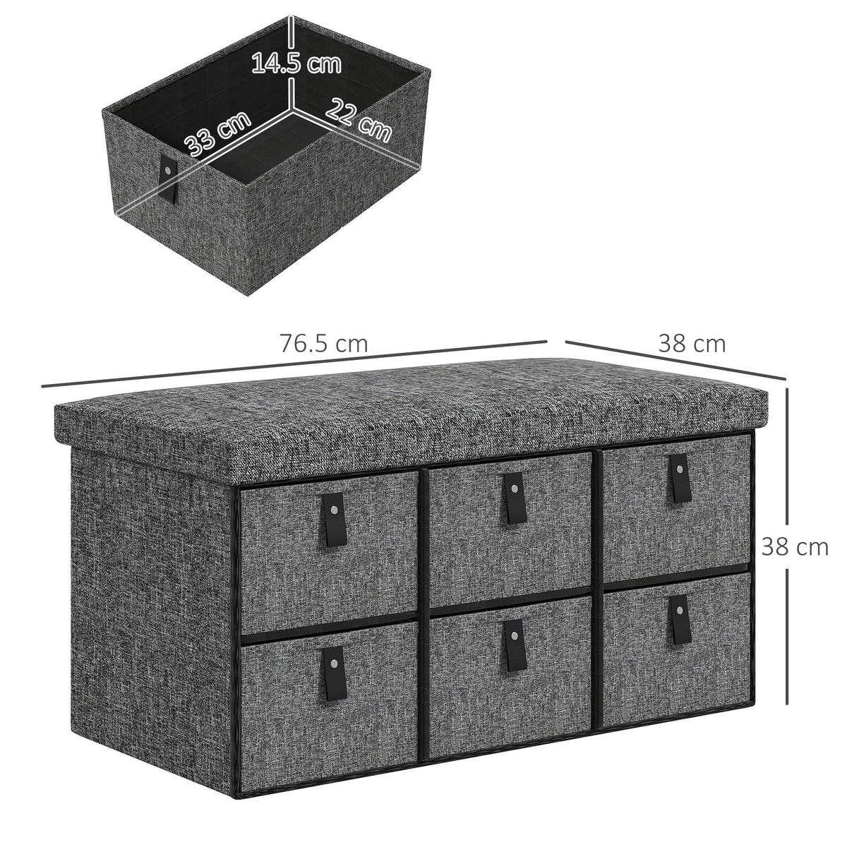 Dimensions of the shoe storage bench and its drawers are shown