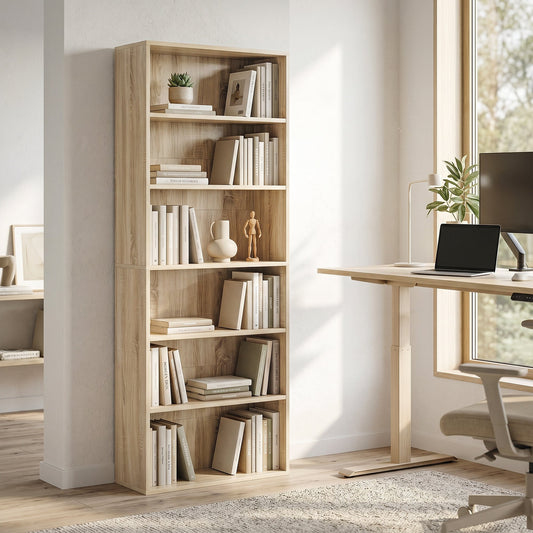 The bookcase placed in a bright home office next to a desk with books and decor items