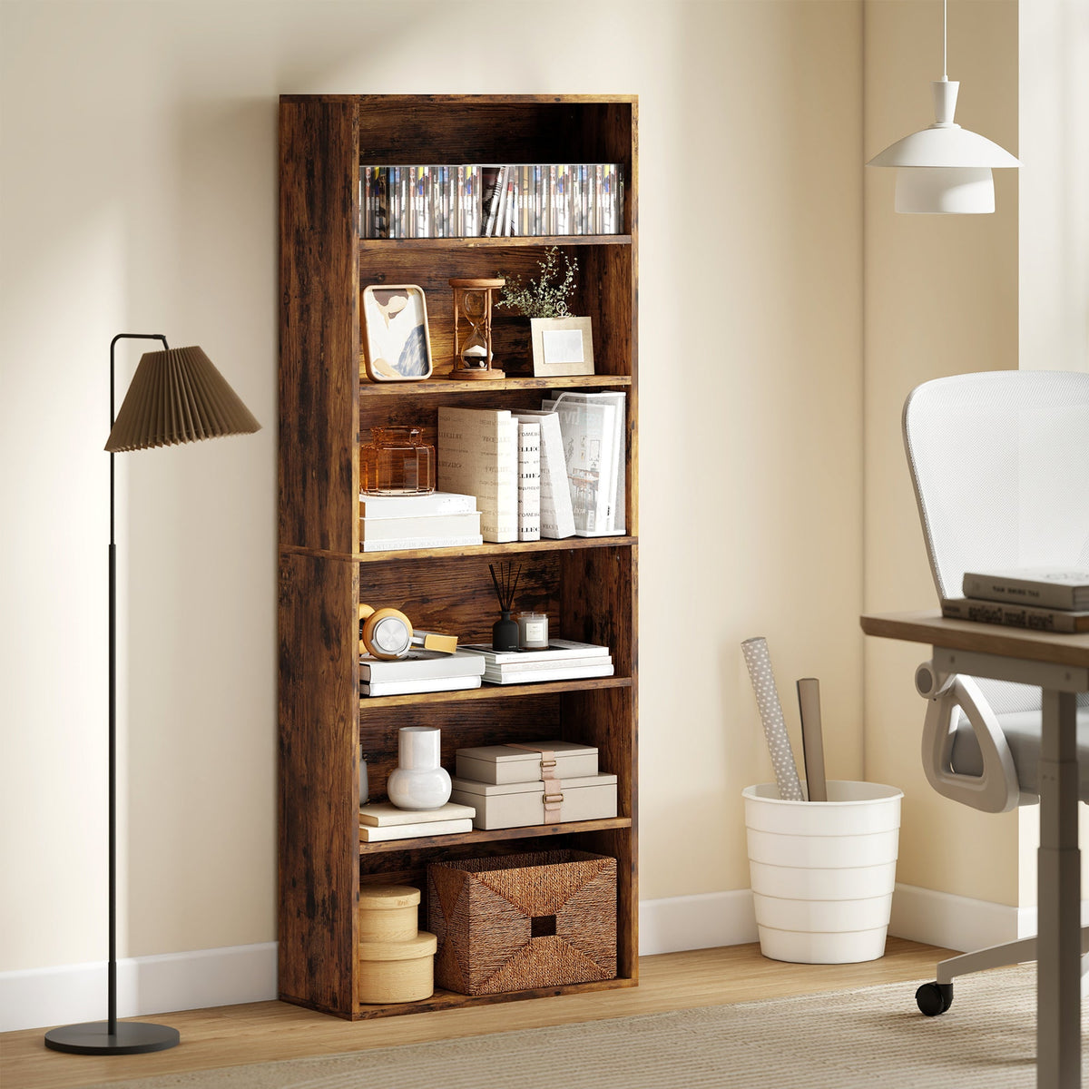 The rustic brown bookcase filled with books and decorative items in a home office setting