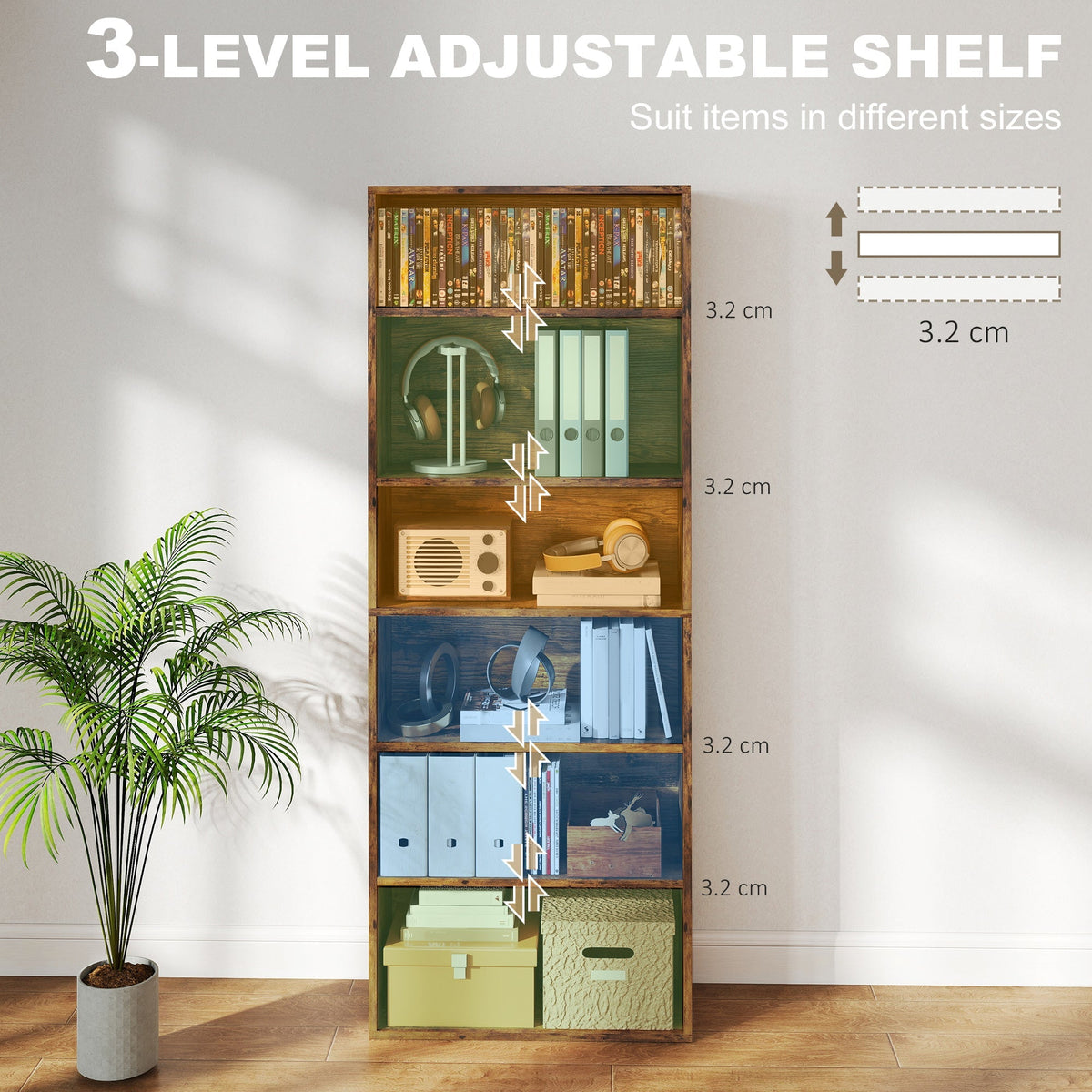 The six shelf bookcase showing adjustable shelf heights