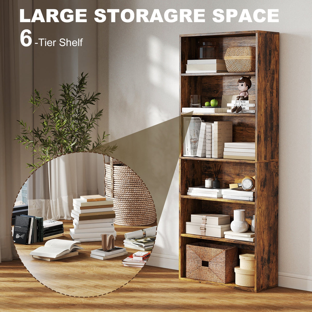 Close up of the six shelf bookcase showing storage space and items