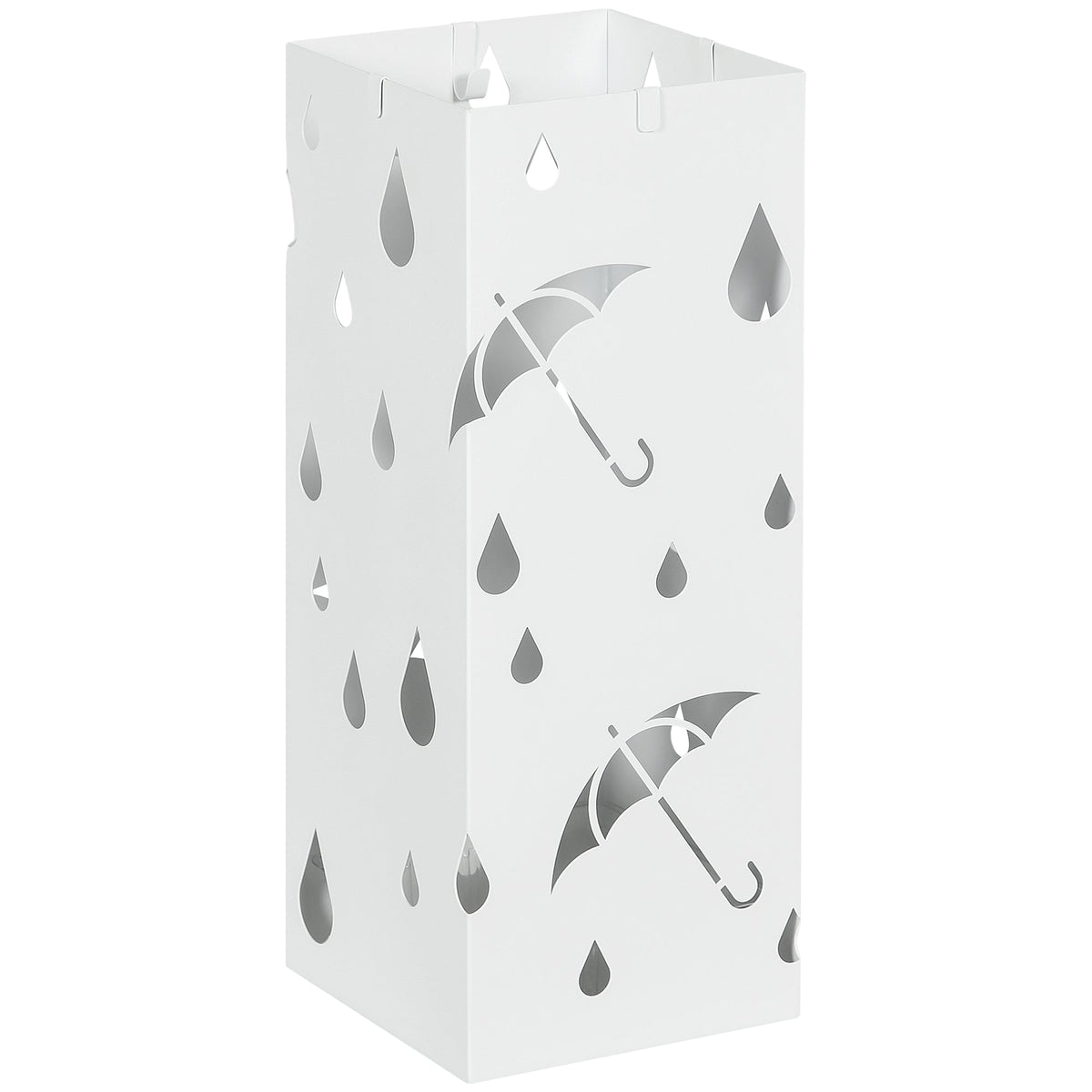 HOMCOM Six-Umbrella Steel Holder Stand in white with cut-out umbrella and raindrop patterns