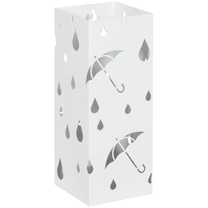 HOMCOM Six-Umbrella Steel Holder Stand in white with cut-out umbrella and raindrop patterns