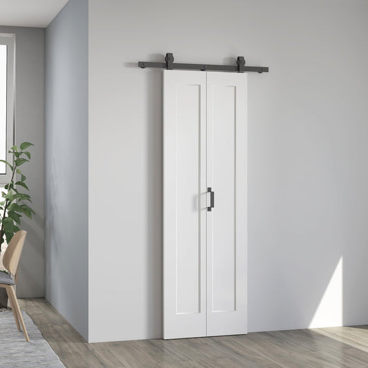 The sliding door kit closed against a plain wall showing the steel rail and handle