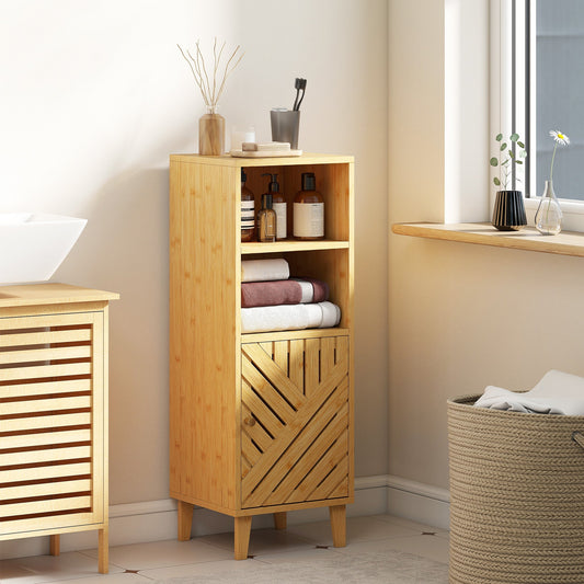 A slim bamboo bathroom cabinet with a slatted door and open shelves, shown in a bathroom setting with toiletries and towels