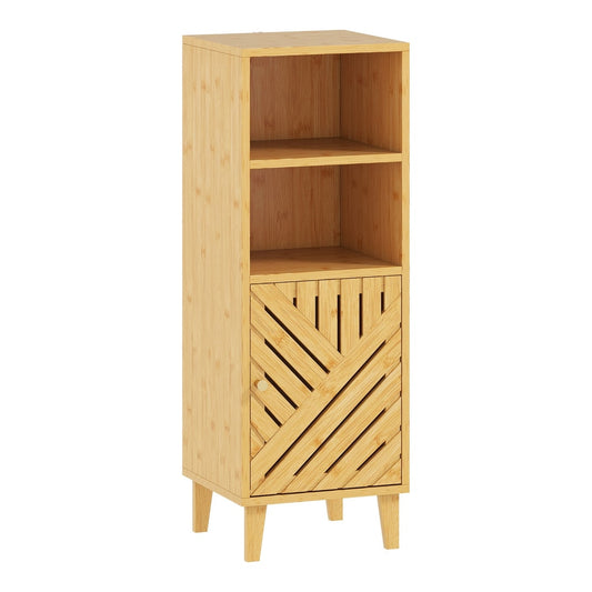 HOMCOM Slim Bathroom Cabinet with Bamboo Door and Legs, a narrow freestanding storage unit with open shelves and a slatted