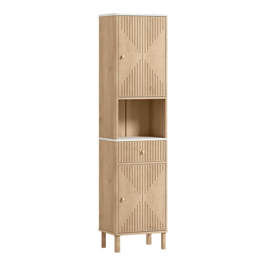 HOMCOM Slim Bathroom Cabinet with wood-effect finish and textured doors standing on four legs