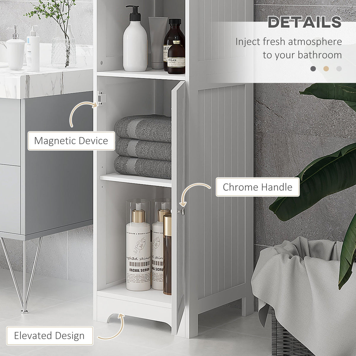 Close up of the tall white bathroom cabinet showing the magnetic catch and chrome handle