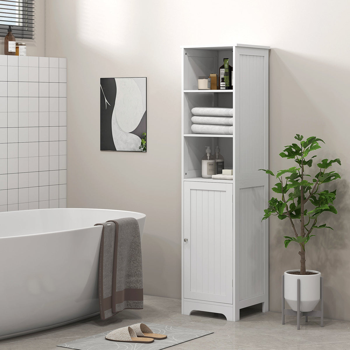 A tall white bathroom cabinet with a single door and three open shelves, shown in a modern bathroom setting