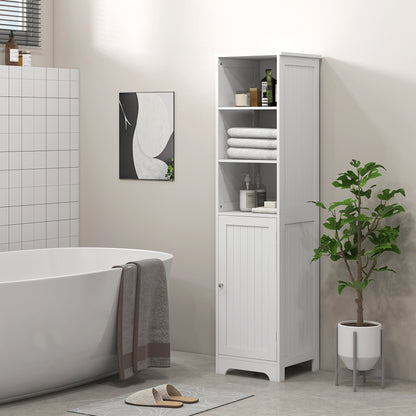 A tall white bathroom cabinet with a single door and three open shelves, shown in a modern bathroom setting
