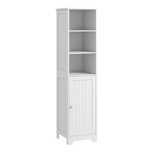 HOMCOM Slim Bathroom Storage Cabinet, a tall white cabinet with a single door and three open shelves above