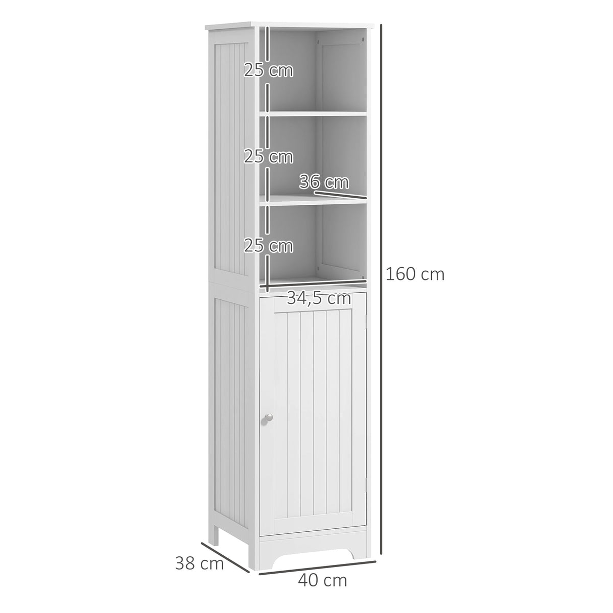 Dimensions diagram for the tall white bathroom cabinet with open shelves and a single door