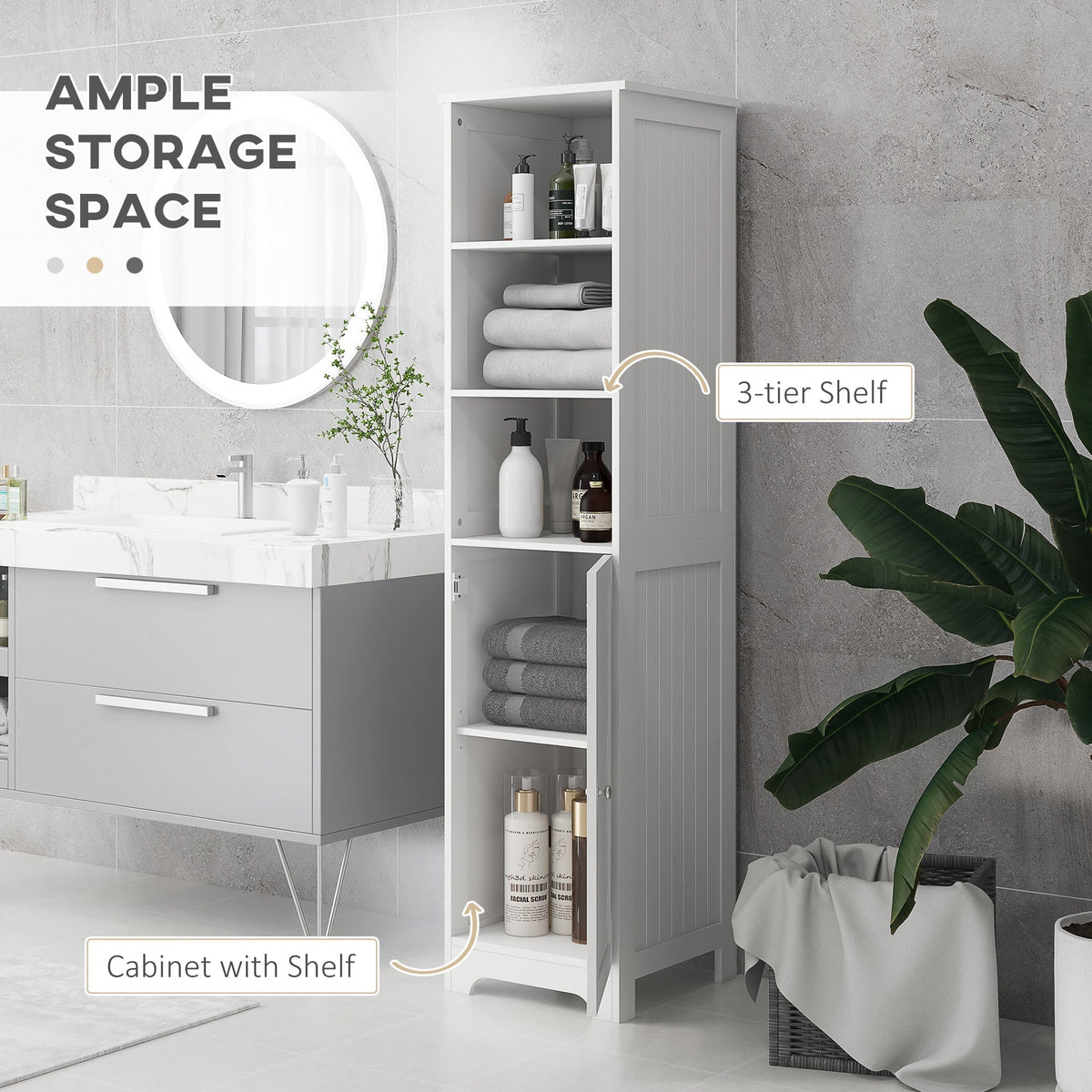 The tall white bathroom cabinet with open shelves and a single door, filled with toiletries and towels