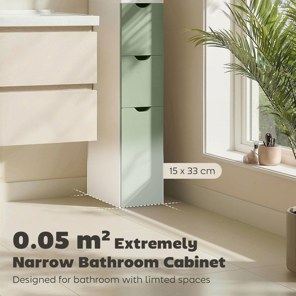 A narrow bathroom cabinet designed for limited spaces, showing its footprint