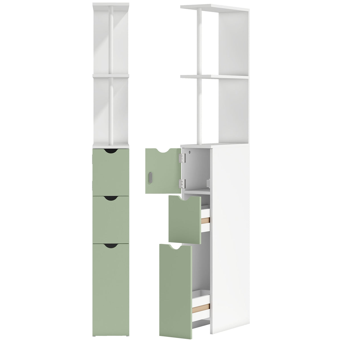 HOMCOM Slim Bathroom Storage Cabinet, a tall white and light green storage unit with shelves and drawers