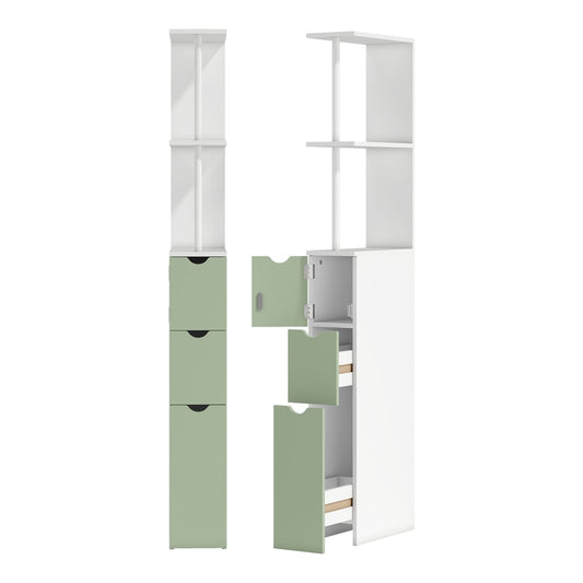HOMCOM Slim Bathroom Storage Cabinet, a tall white and light green storage unit with shelves and drawers