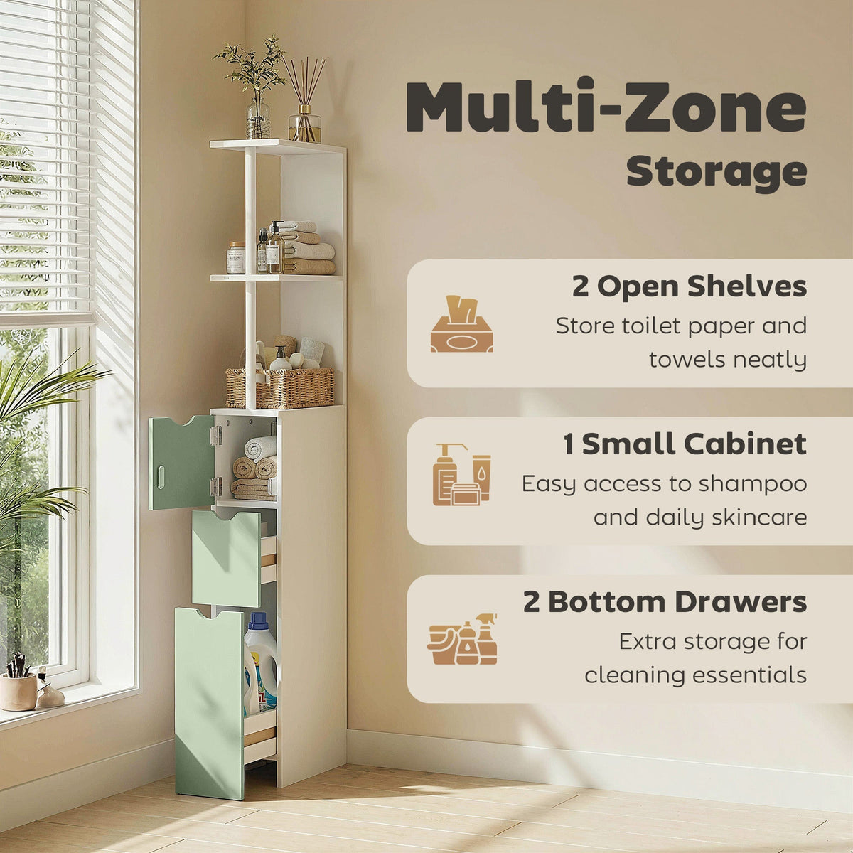 The multi-zone storage bathroom cabinet with open shelves and two bottom drawers
