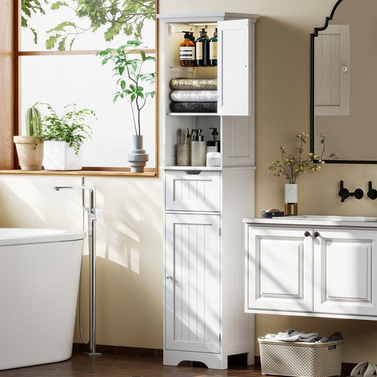 The slim bathroom cabinet is shown in a modern bathroom setting next to a bathtub and vanity unit