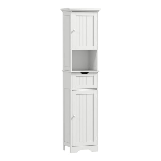 HOMCOM Slim Bathroom Storage Cabinet in white, a tall narrow unit with a door at the top and bottom and a drawer in between