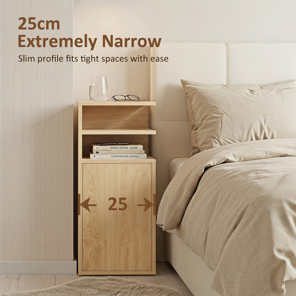 A narrow bedside cabinet shown next to a bed, highlighting its slim profile