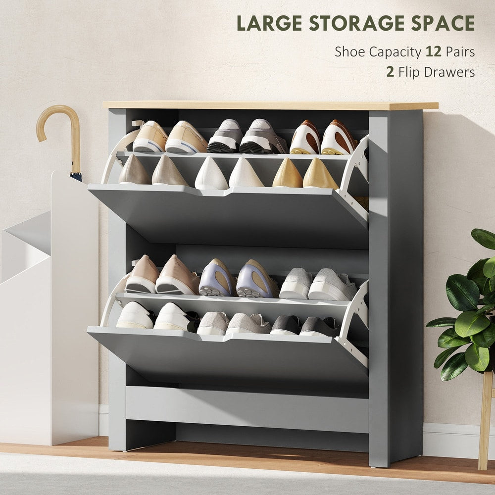 The shoe storage cabinet with its two flip drawers open showing shoes